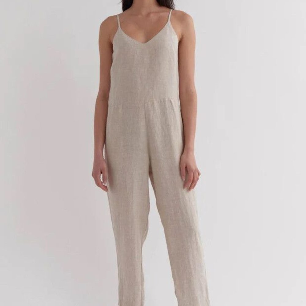 100% Linen Beige Jumpsuit, overalls, Assembly Label